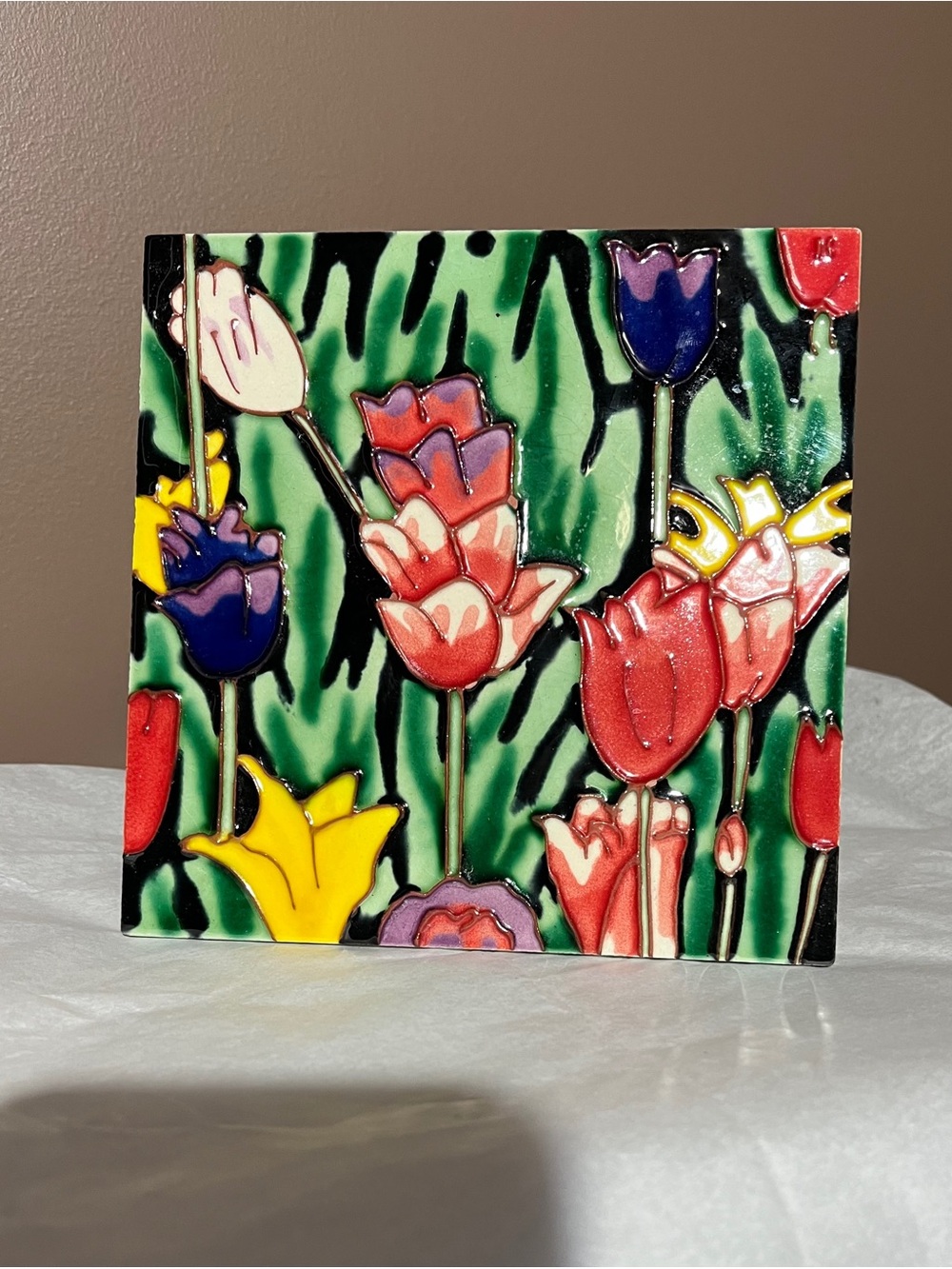Handcrafted Floral Ceramic Tile Art - Green, Red & Yellow